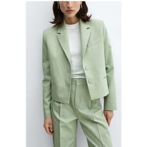 NWT Mango Mint Green Linen Cropped Sevilla Blazer Sz Large
